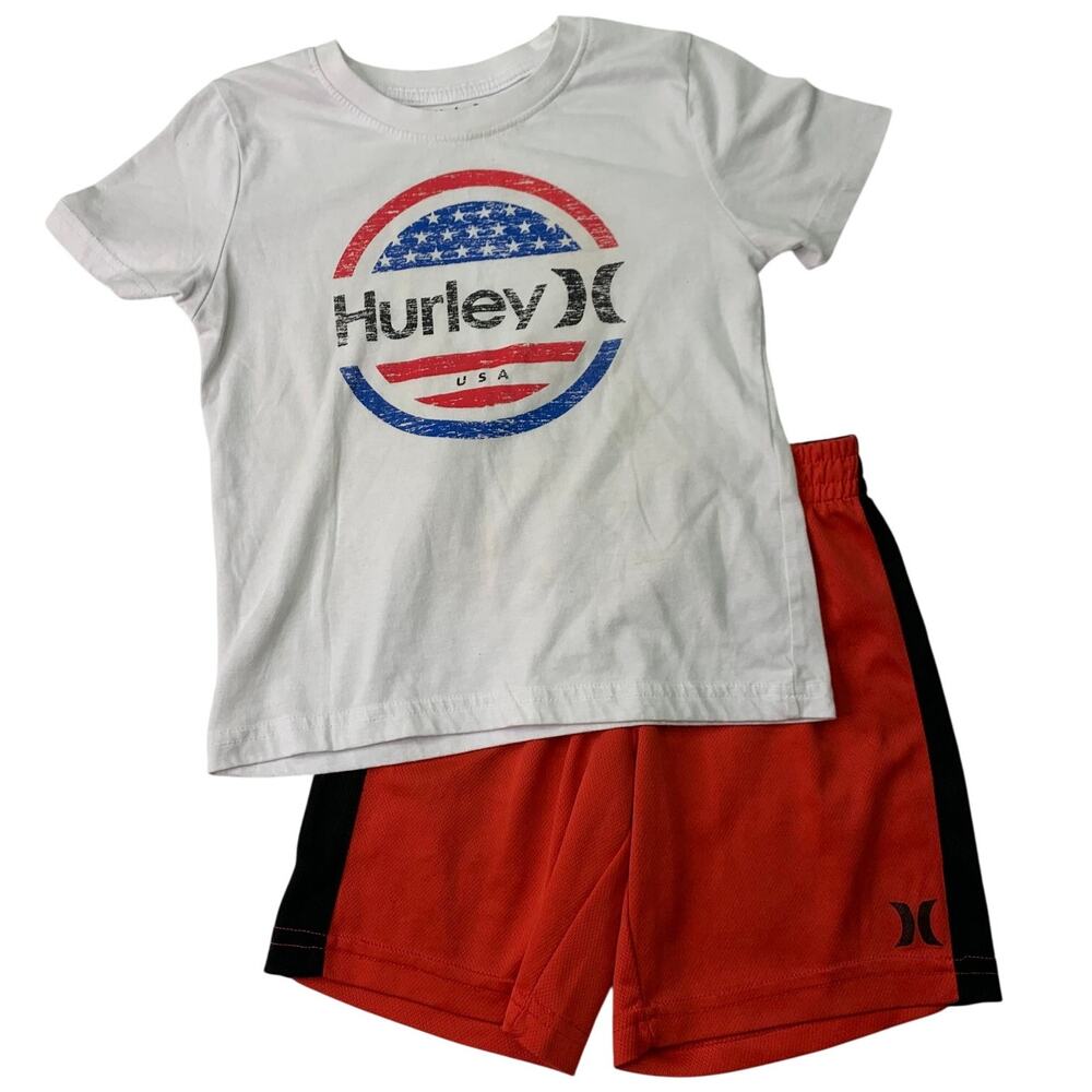 Hurley Boys Sz 6 Outfit Shorts Shirt Red White Blue Circle Flag Logo Spellout